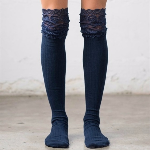 Lace Topped Knee Socks Navy Boot Over the Knee - Picture 2 of 4